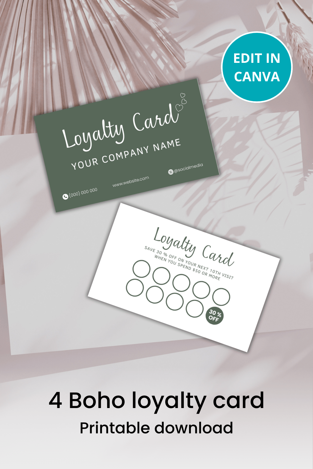 Boho loyalty card Canva template pinterest preview image.