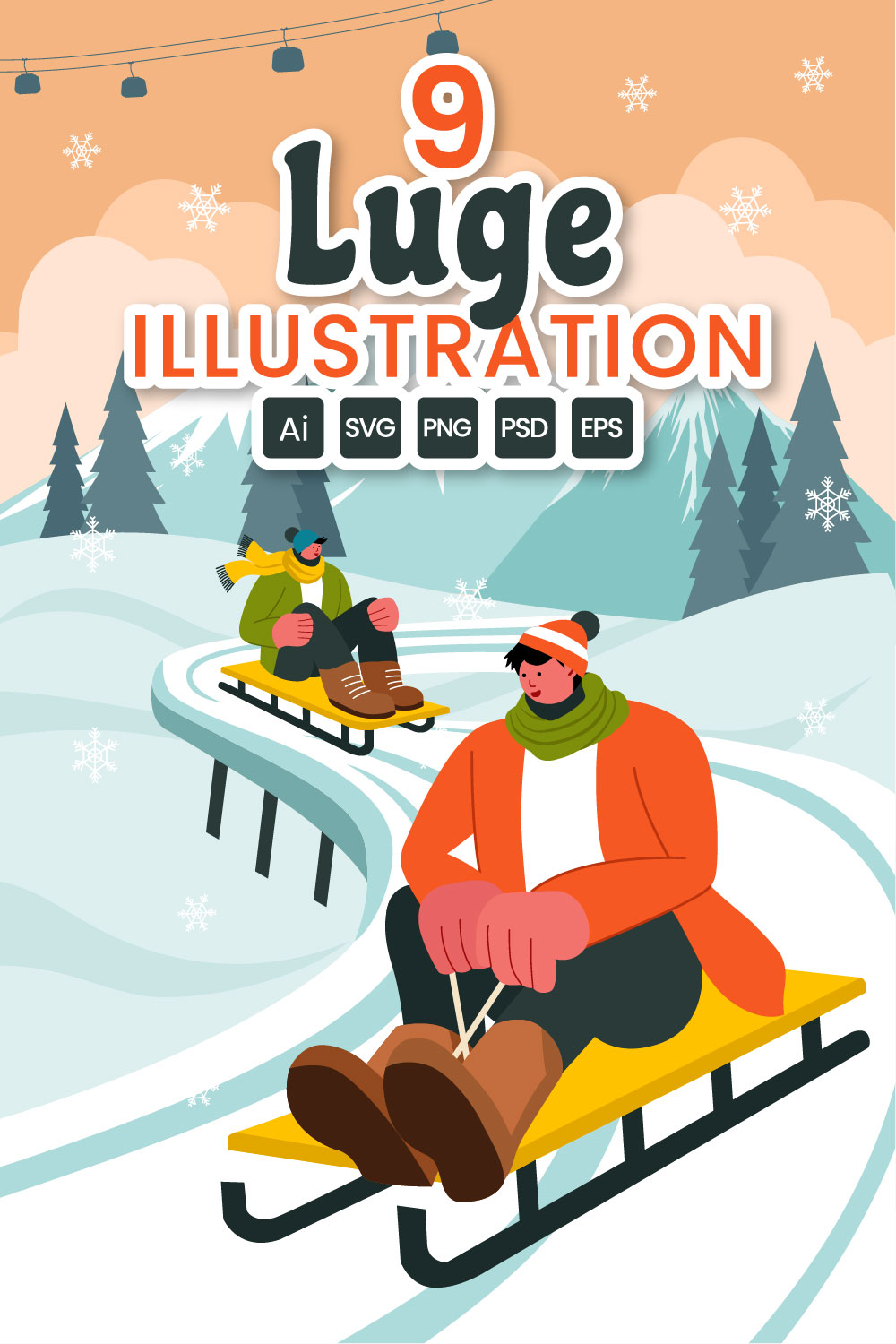 9 Winter Luge Sledding Illustration pinterest preview image.