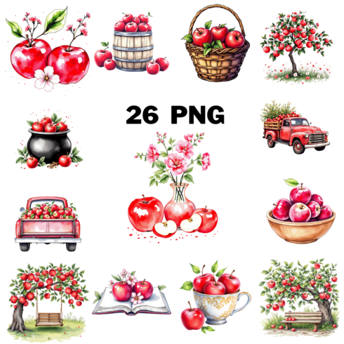 Watercolor Red Apple Sublimation Clipart Bundle cover image.