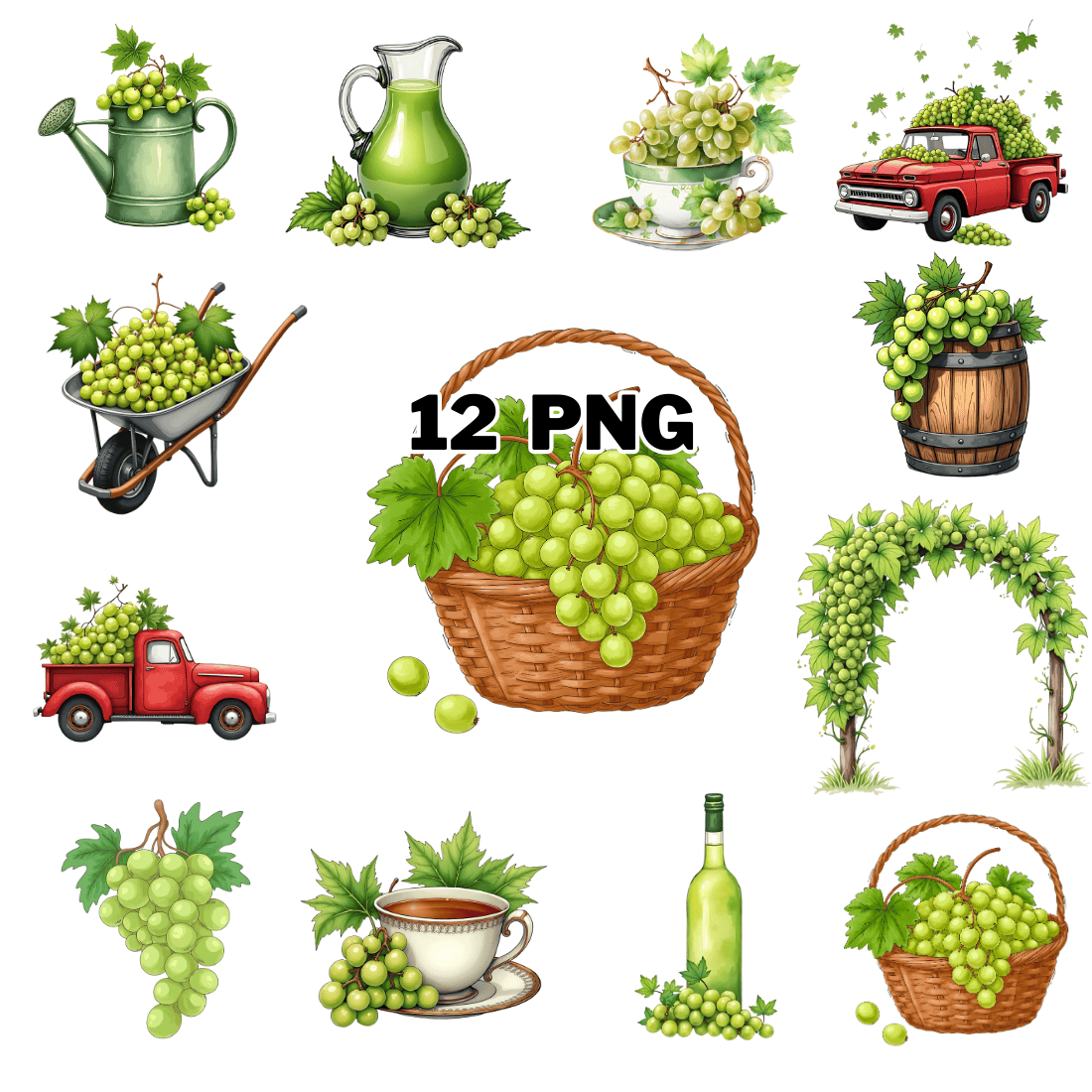 Watercolor Green Grapes Sublimation Clipart Bundle cover image.