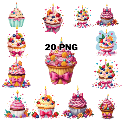 Watercolor Birthday Cup Cake Sublimation Clipart Bundle cover image.