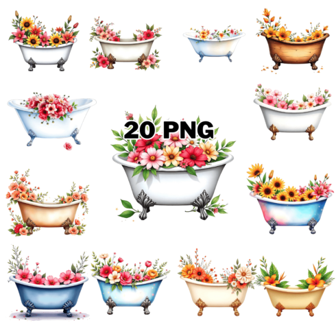 Watercolor Floral Bathtub Sublimation Clipart Bundle cover image.