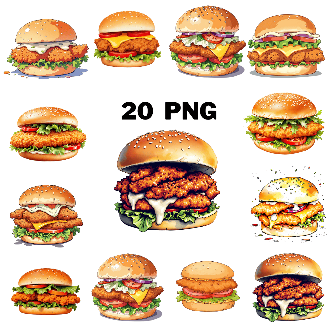 Watercolor Fried Chicken Sandwich Sublimation Clipart Bundle cover image.