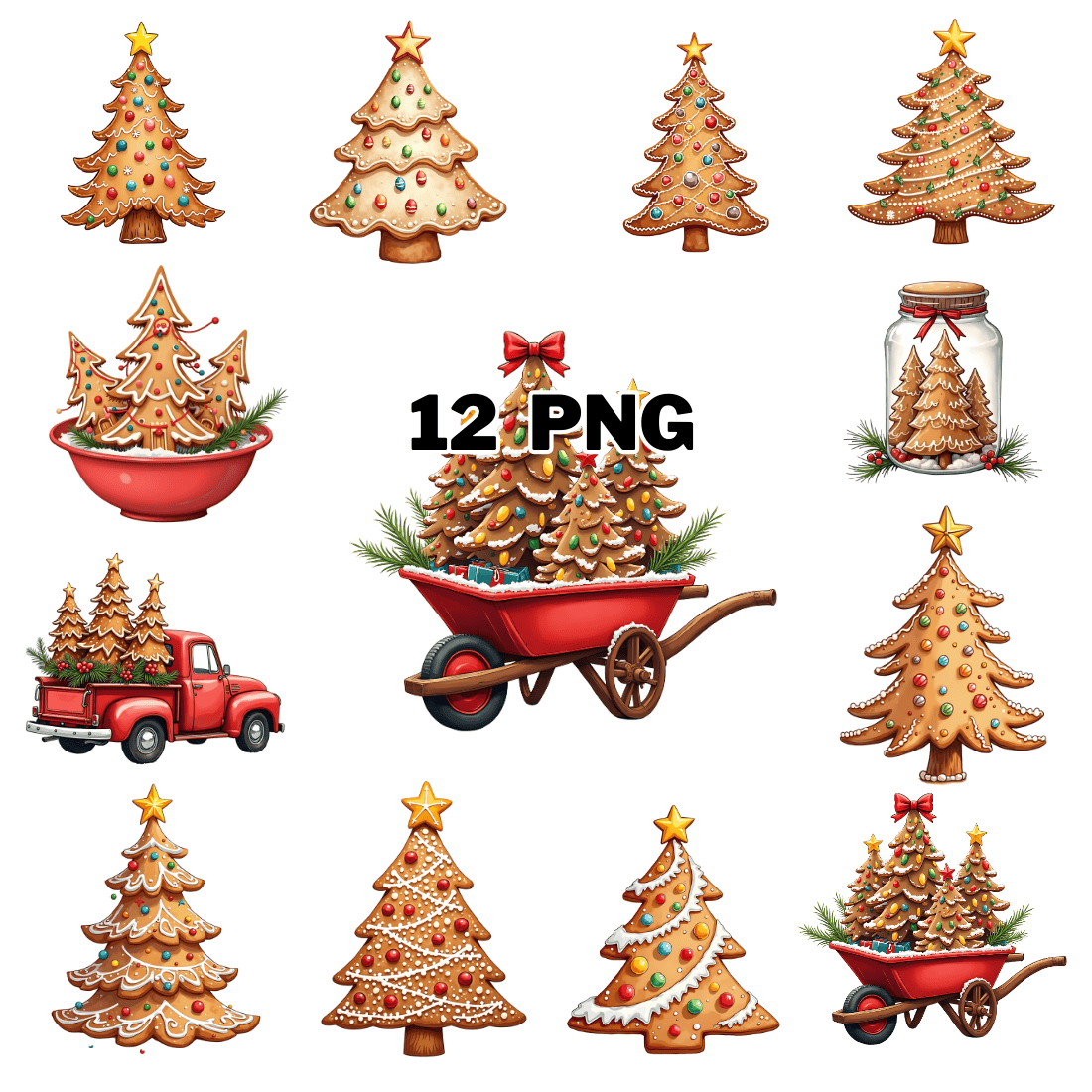 Watercolor Gingerbread Tree Sublimation Clipart Bundle cover image.