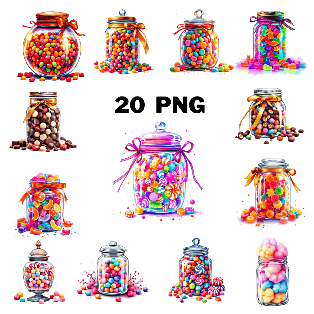 Watercolor Colorful Candy Jar Sublimation Clipart Bundle cover image.