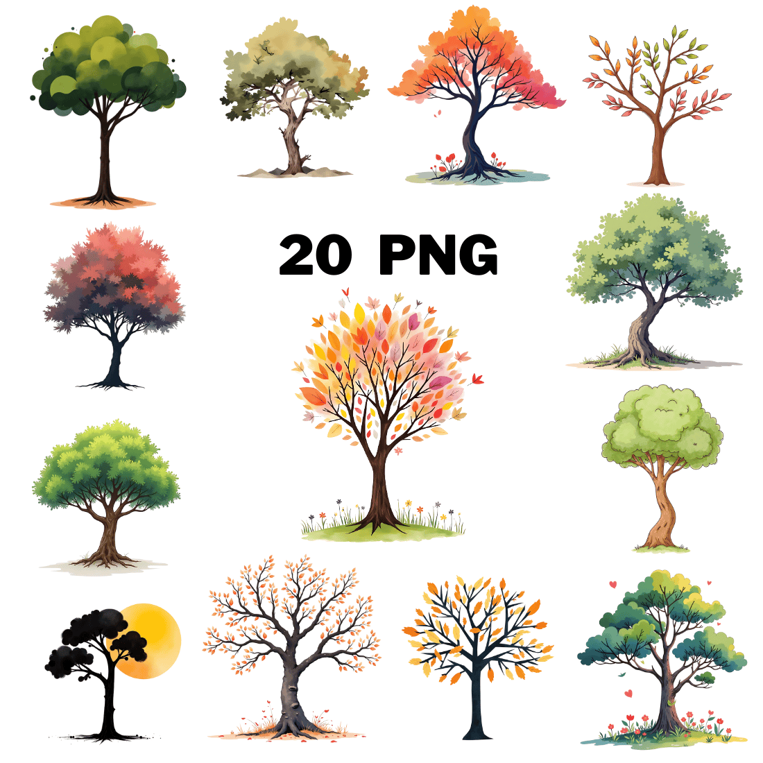 Watercolor Tree Sublimation Clipart Bundle cover image.