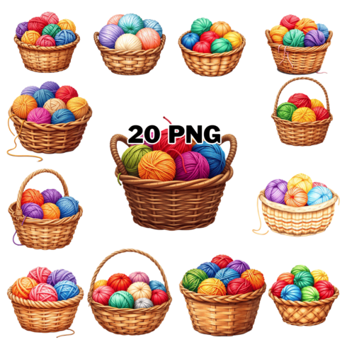 Watercolor Basket with Colorful Wool Balls Sublimation Clipart Bundle cover image.