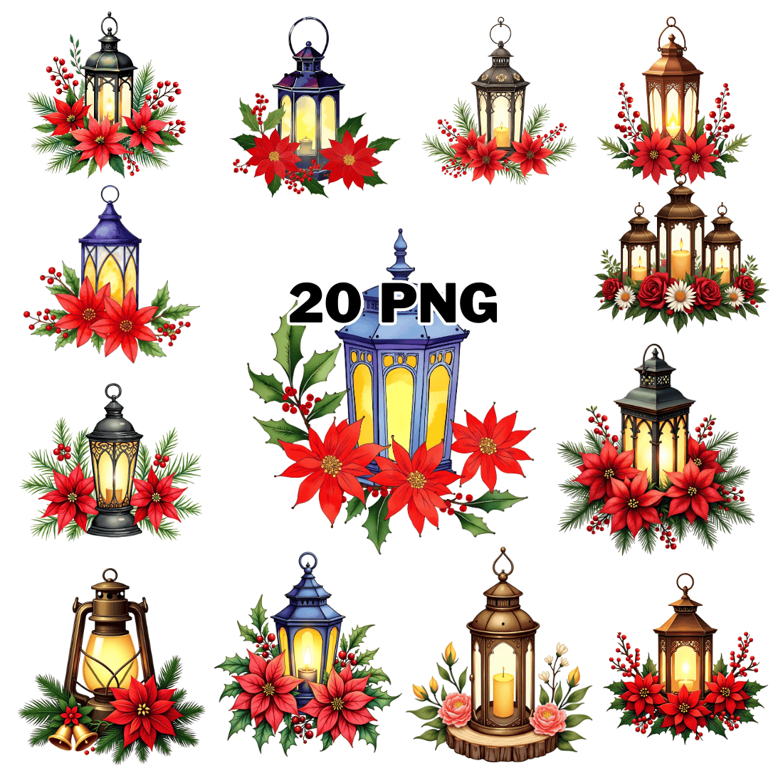 Watercolor Festive Lantern Sublimation Clipart Bundle cover image.