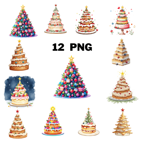 Watercolor Festive Holiday Tree Cake Sublimation Clipart Bundle cover image.