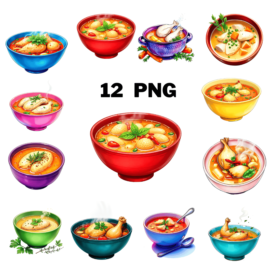 Watercolor Chicken Soup Sublimation Clipart Bundle cover image.