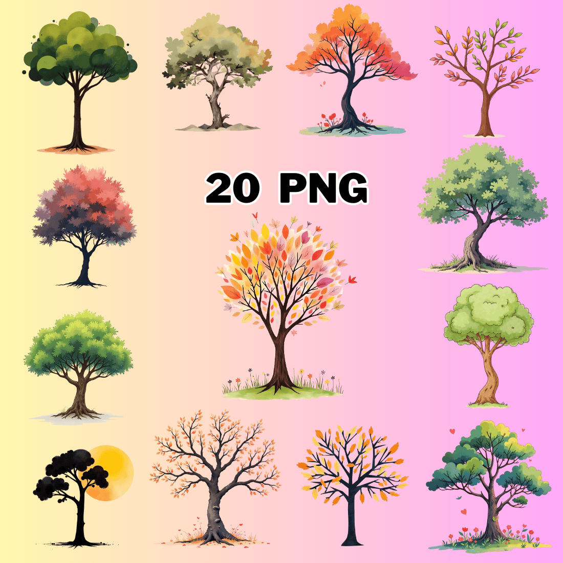 Watercolor Tree Sublimation Clipart Bundle preview image.