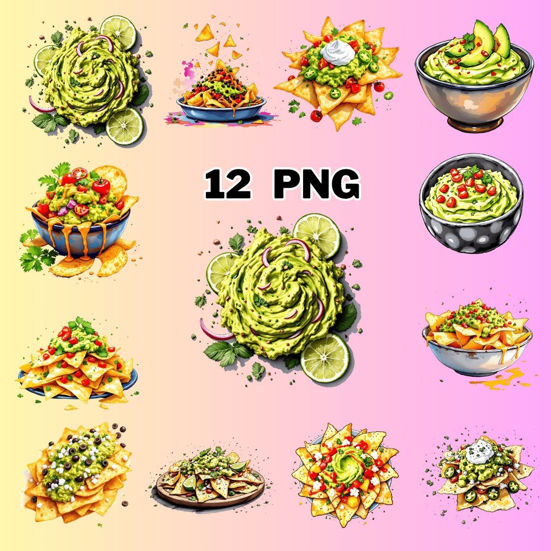 Watercolor Guacamole Sublimation Clipart Bundle preview image.