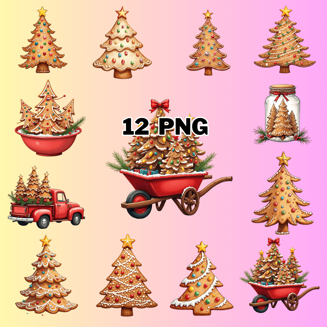 Watercolor Gingerbread Tree Sublimation Clipart Bundle preview image.