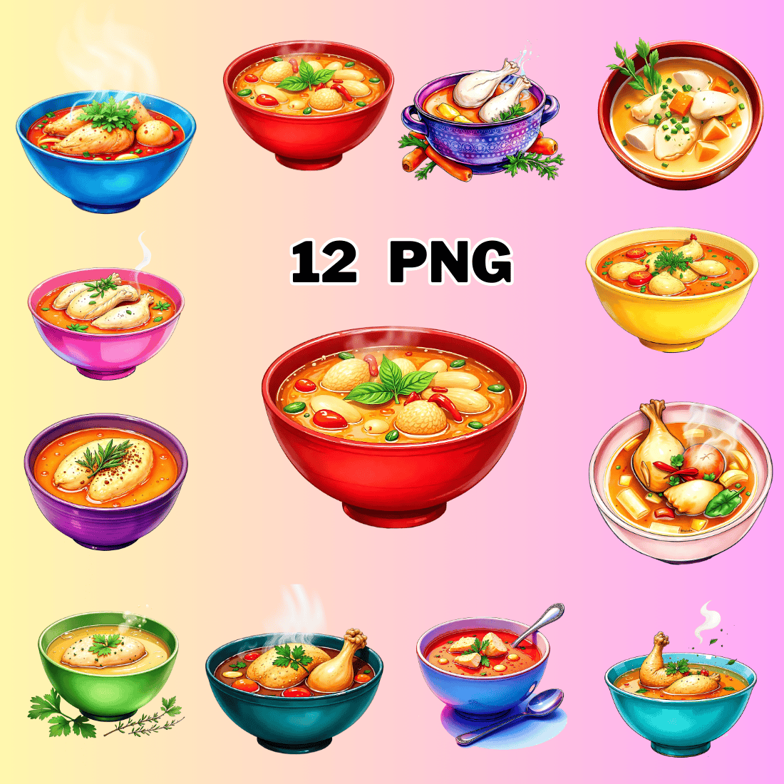 Watercolor Chicken Soup Sublimation Clipart Bundle preview image.