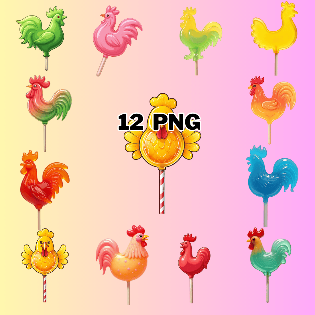 Watercolor Russian Rooster Lollipops Sublimation Clipart Bundle preview image.