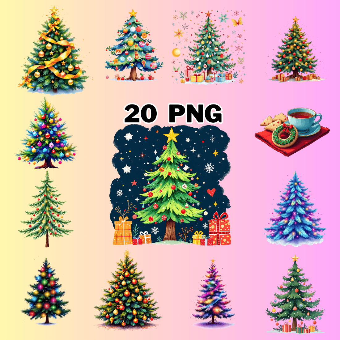 Festive Holiday Tree Sublimation Clipart Bundle preview image.