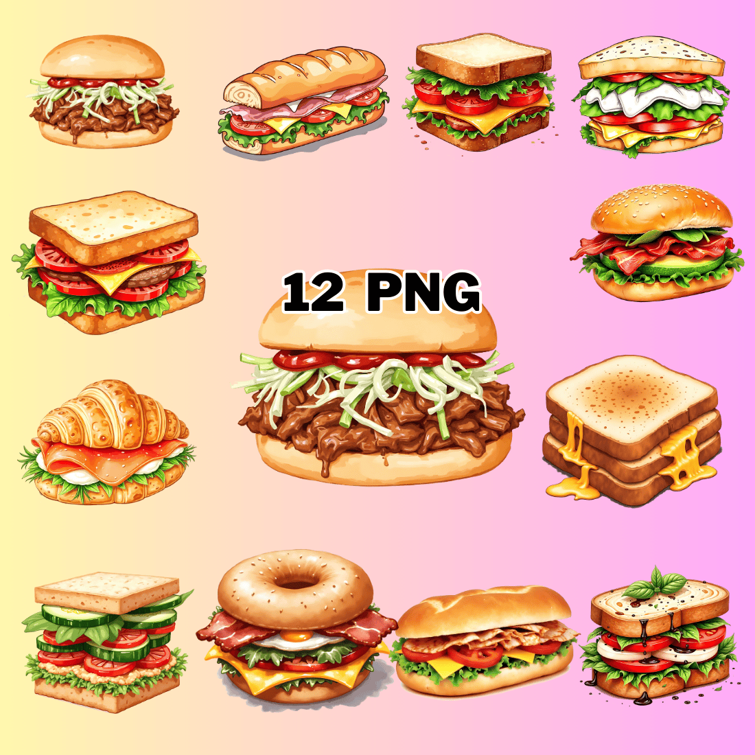 Watercolor Sandwich Sublimation Clipart Bundle preview image.