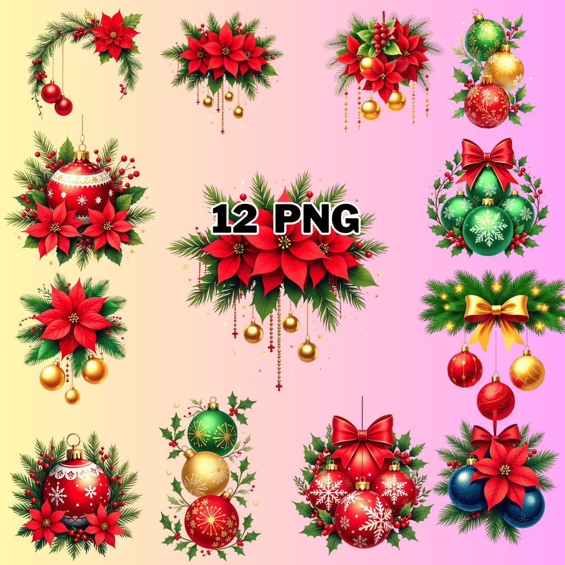 Watercolor Festive Baubles Sublimation Clipart Bundle preview image.