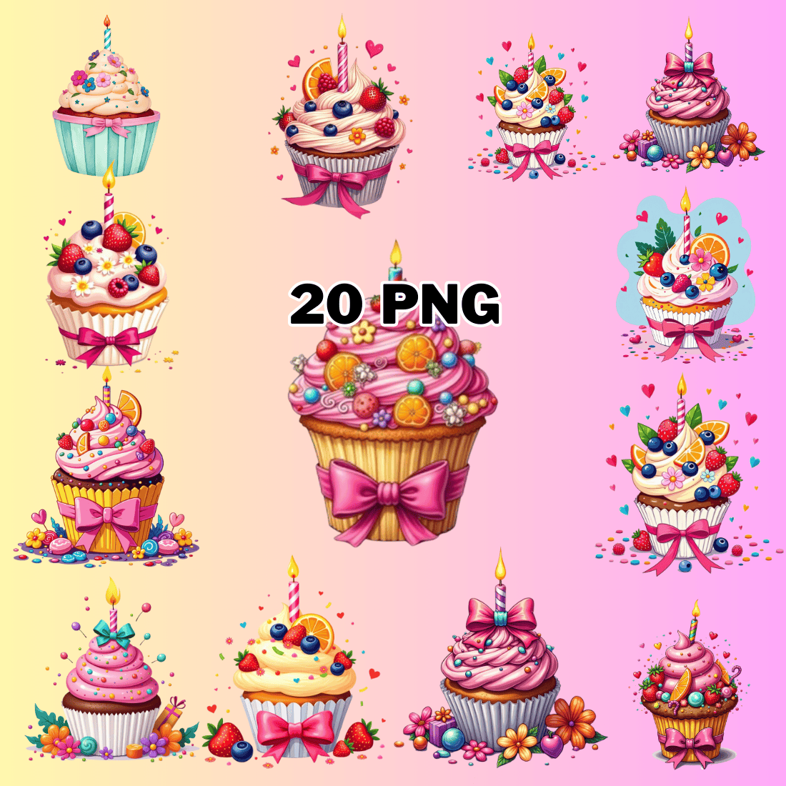 Watercolor Birthday Cup Cake Sublimation Clipart Bundle preview image.