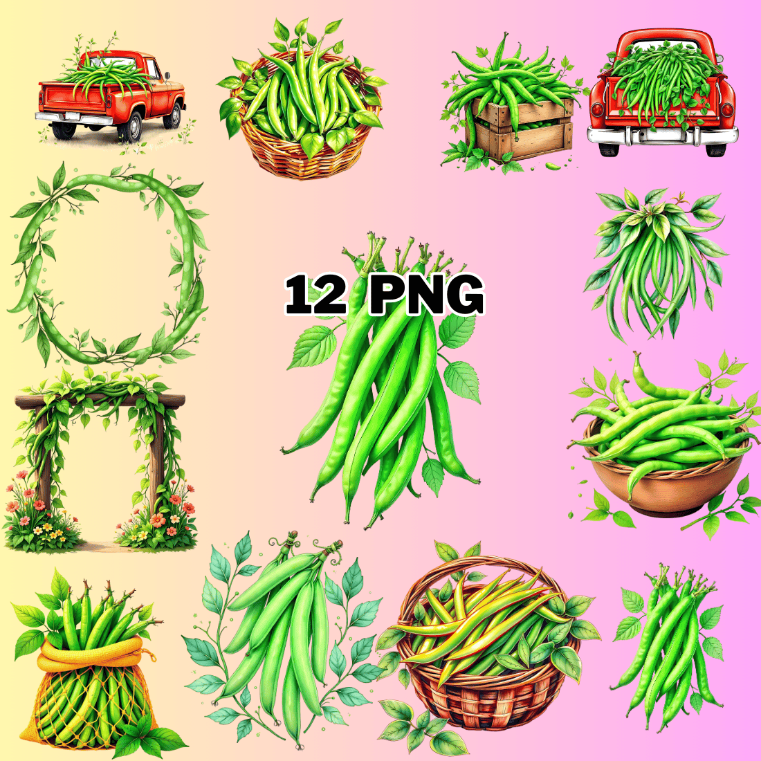 Watercolor Green Beans Sublimation Clipart Bundle preview image.