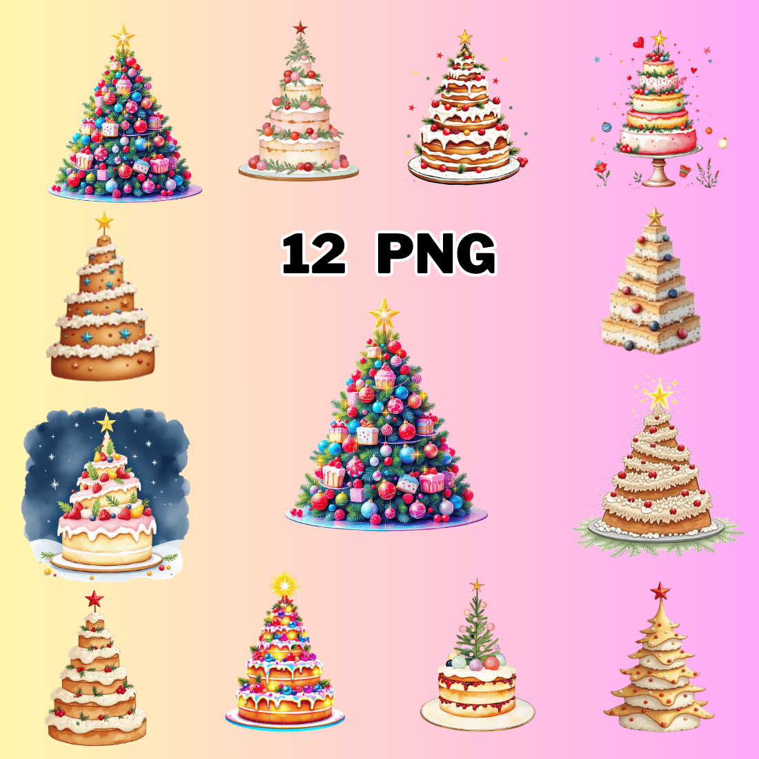 Watercolor Festive Holiday Tree Cake Sublimation Clipart Bundle preview image.