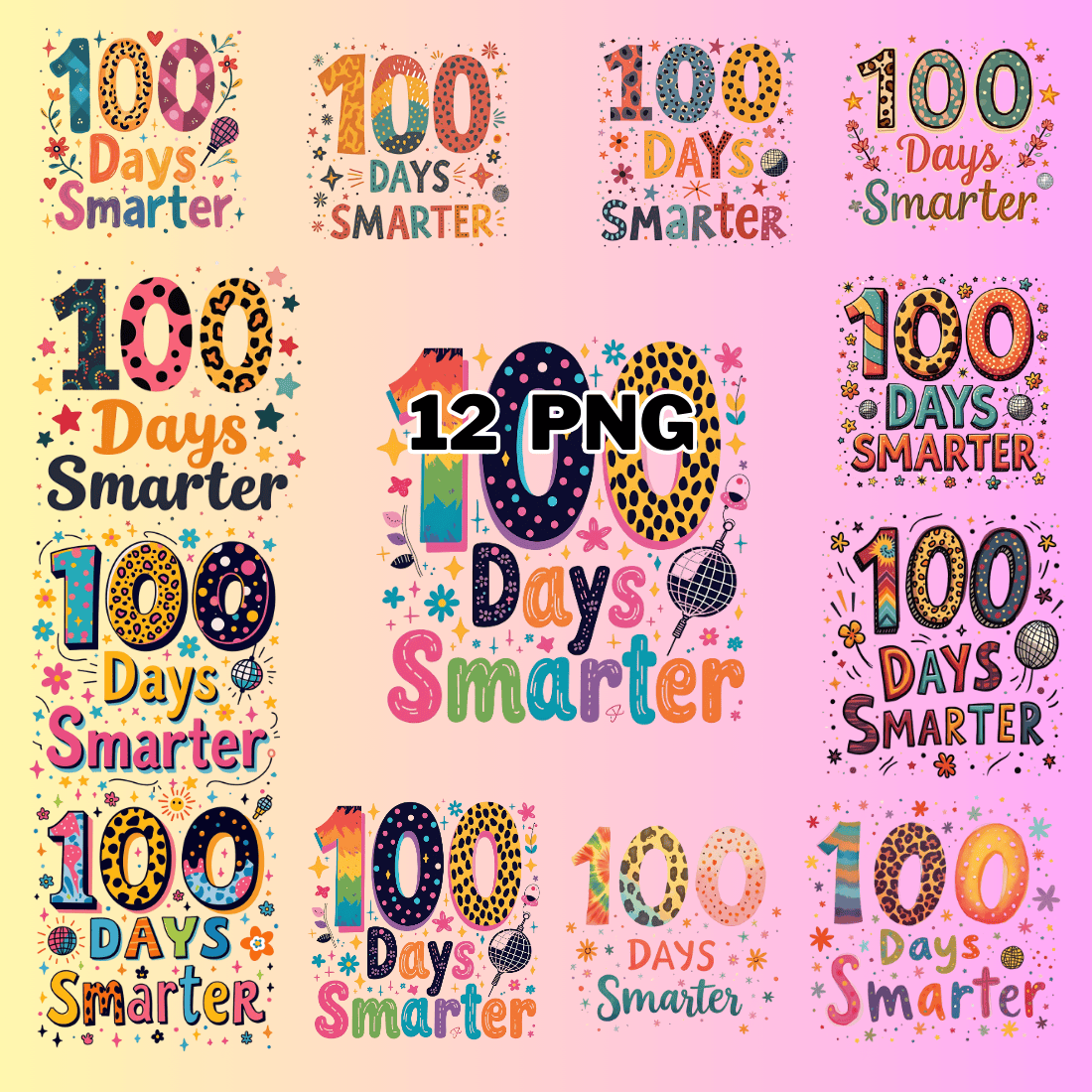 Watercolor 100 Days Smarter Sublimation Clipart Bundle preview image.