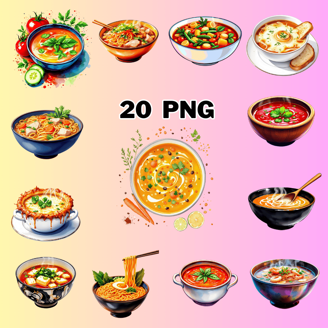 Watercolor Soup Sublimation Clipart Bundle preview image.