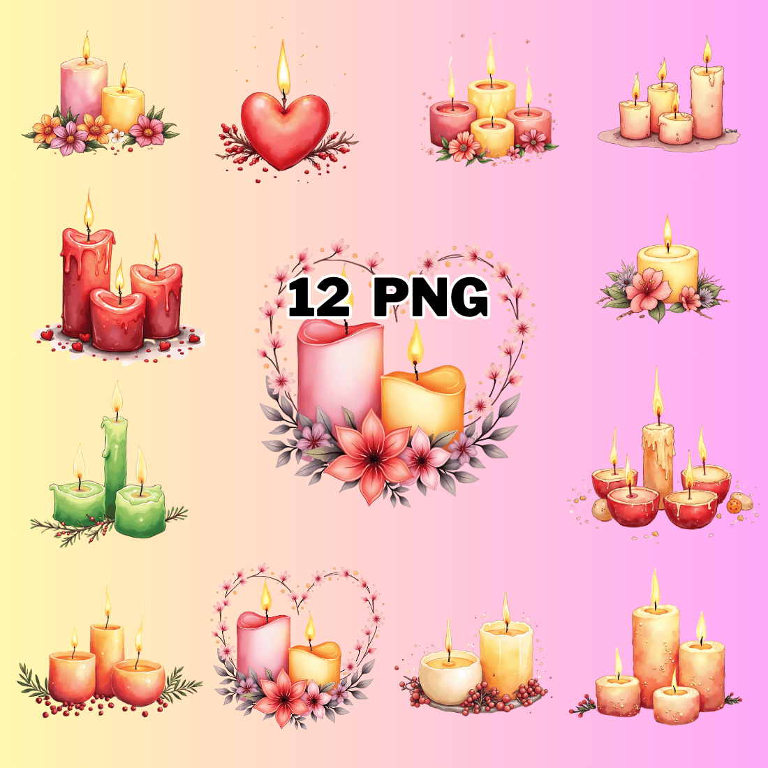 Watercolor Little Candles Sublimation Clipart Bundle preview image.