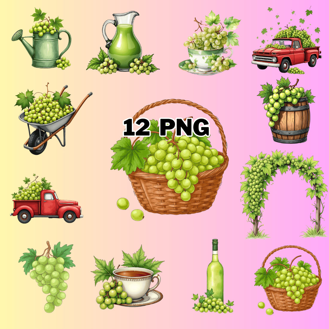 Watercolor Green Grapes Sublimation Clipart Bundle preview image.