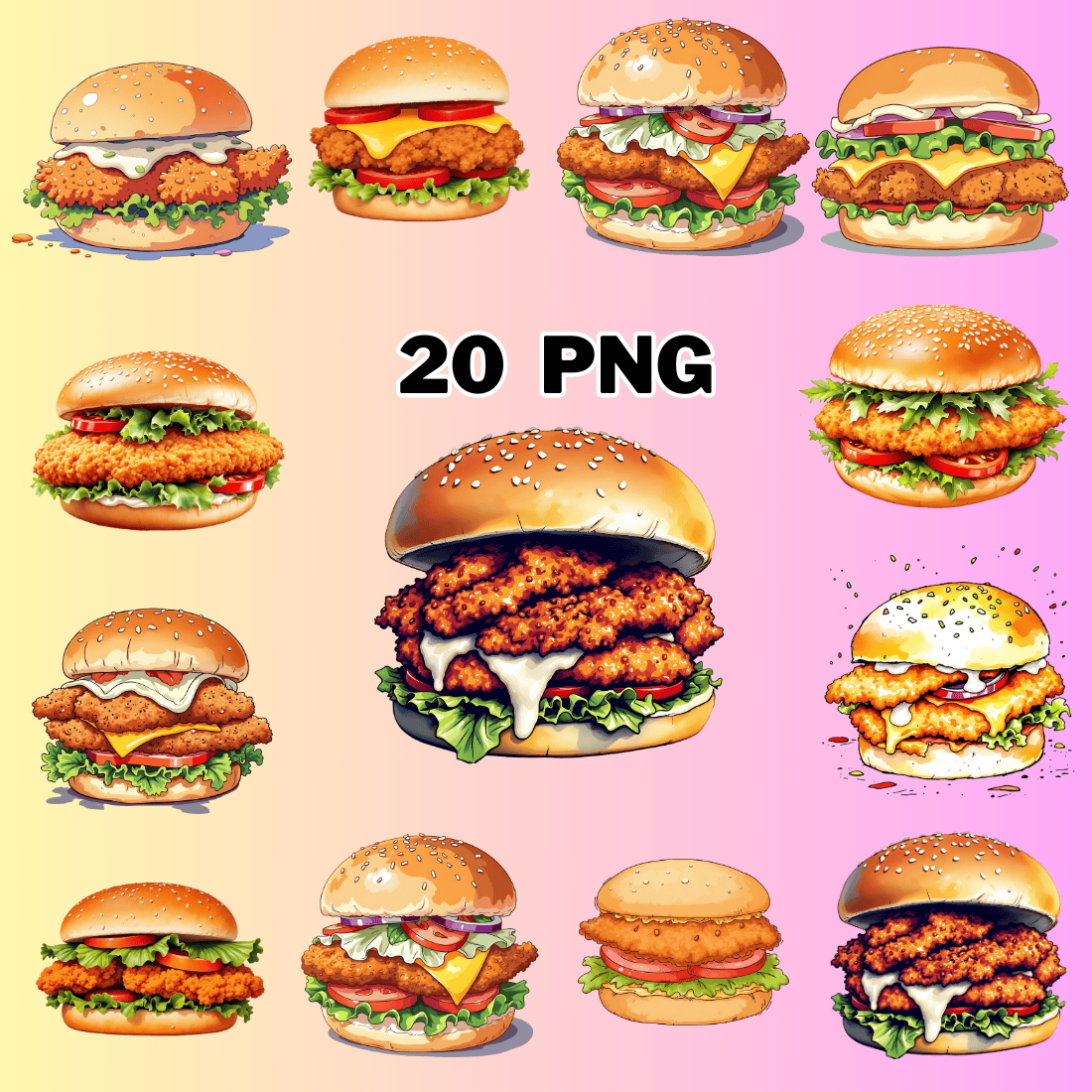 Watercolor Fried Chicken Sandwich Sublimation Clipart Bundle preview image.