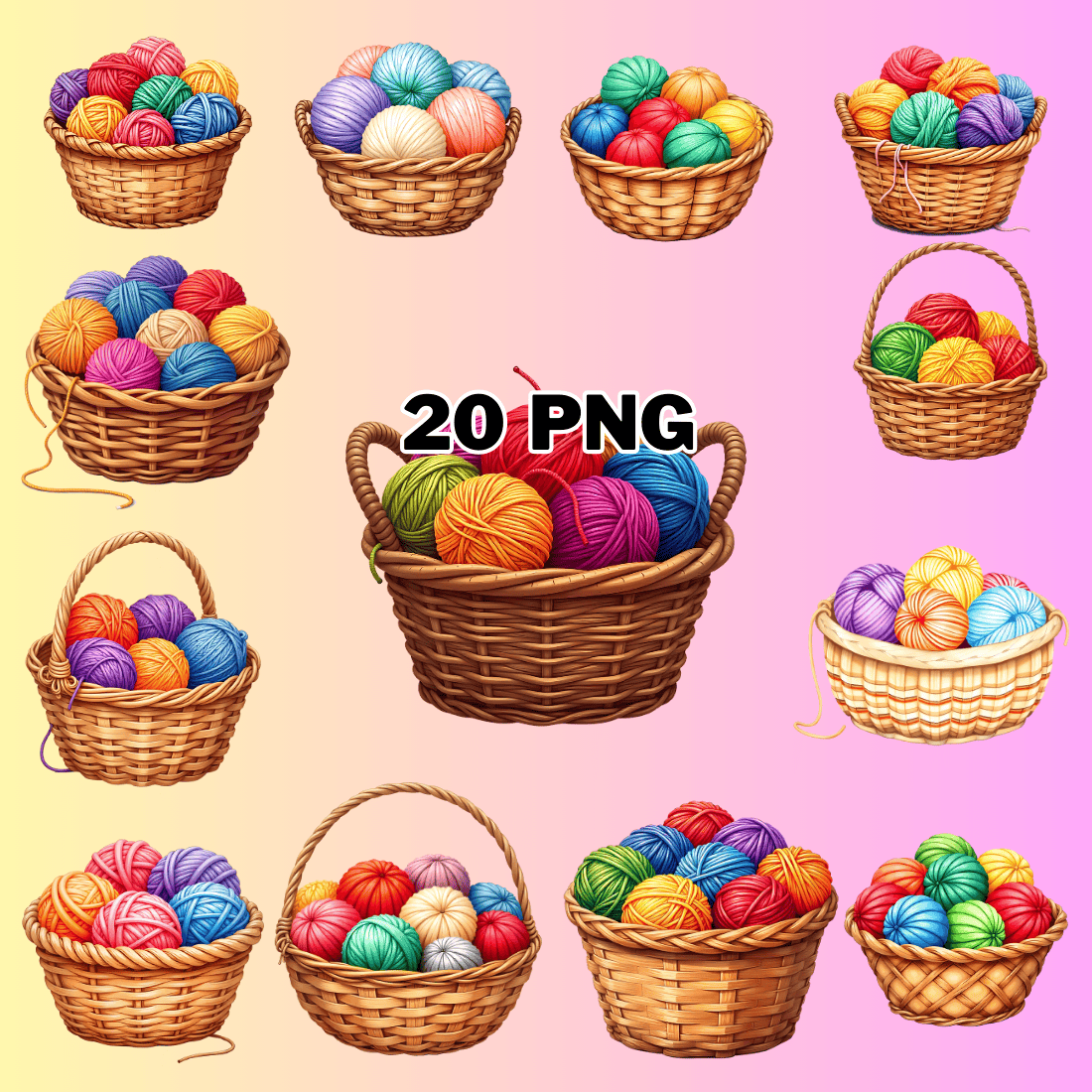 Watercolor Basket with Colorful Wool Balls Sublimation Clipart Bundle preview image.