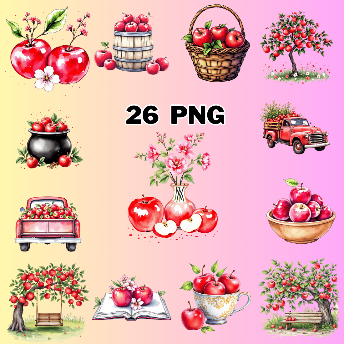 Watercolor Red Apple Sublimation Clipart Bundle preview image.