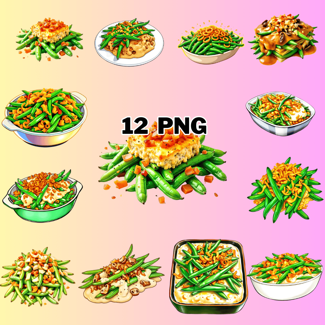 Watercolor Green Bean Casserole Sublimation Clipart Bundle preview image.