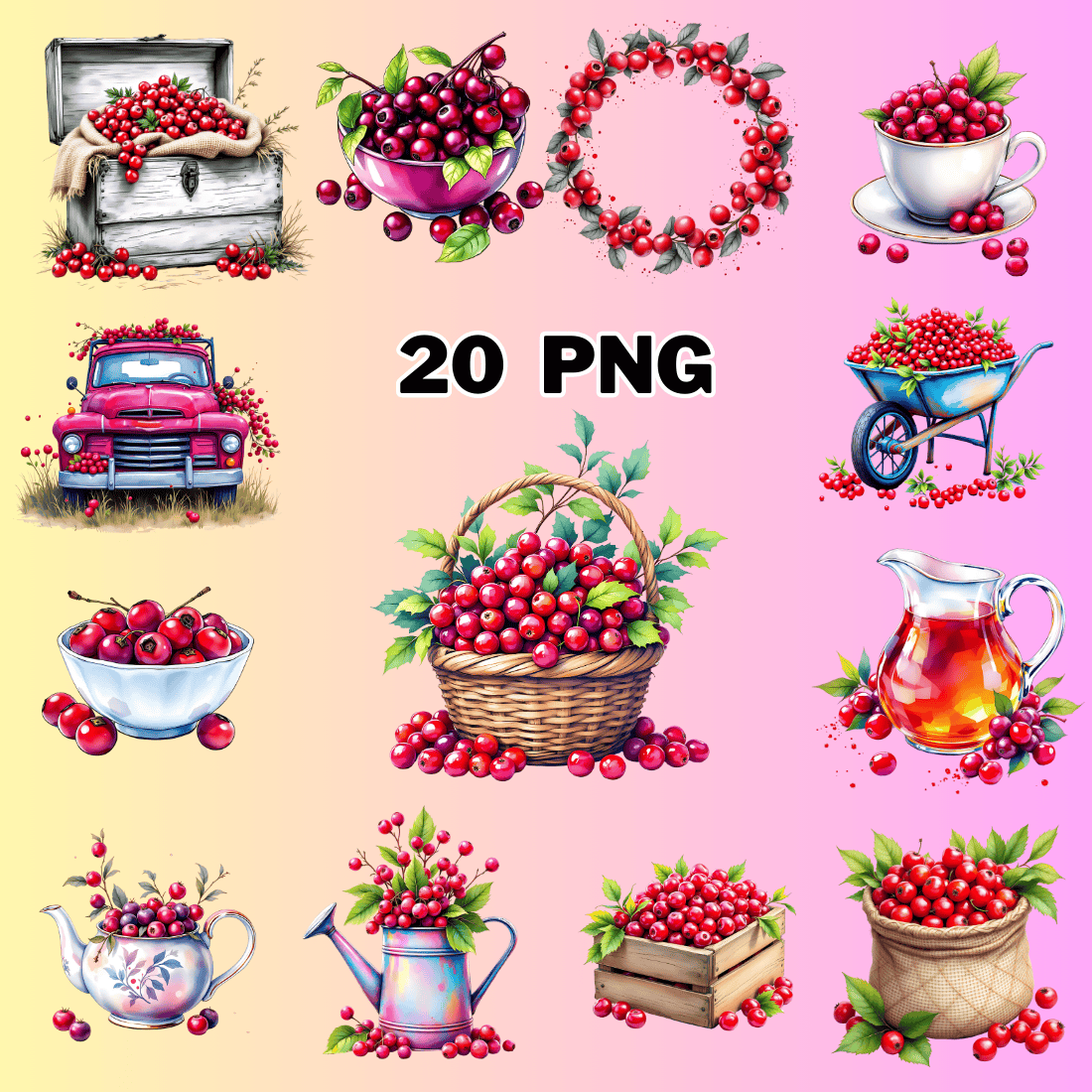 Watercolor Cranberries Clipart Bundle preview image.