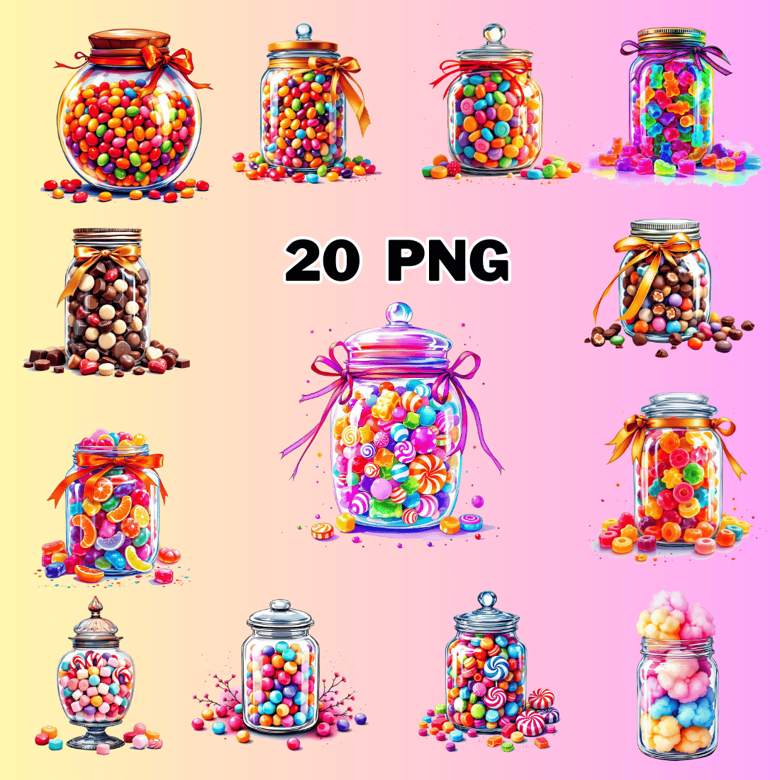 Watercolor Colorful Candy Jar Sublimation Clipart Bundle preview image.