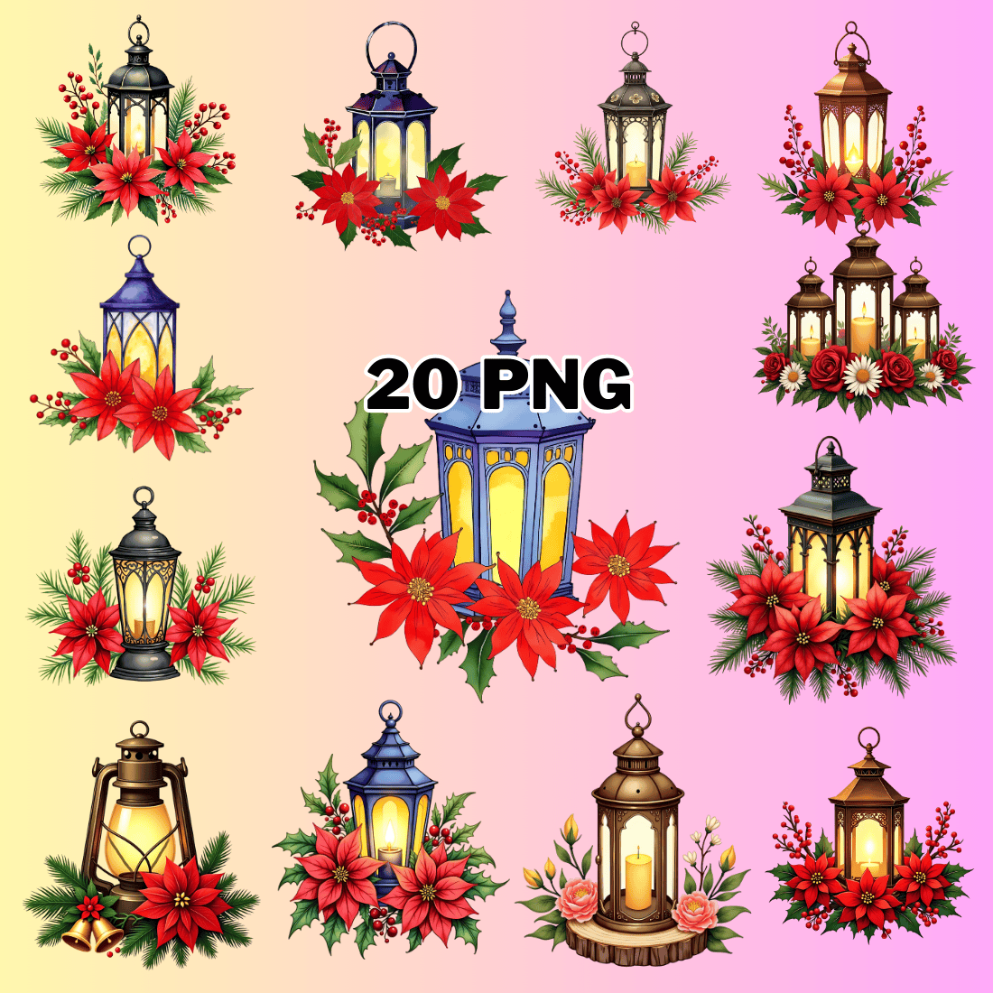 Watercolor Festive Lantern Sublimation Clipart Bundle preview image.