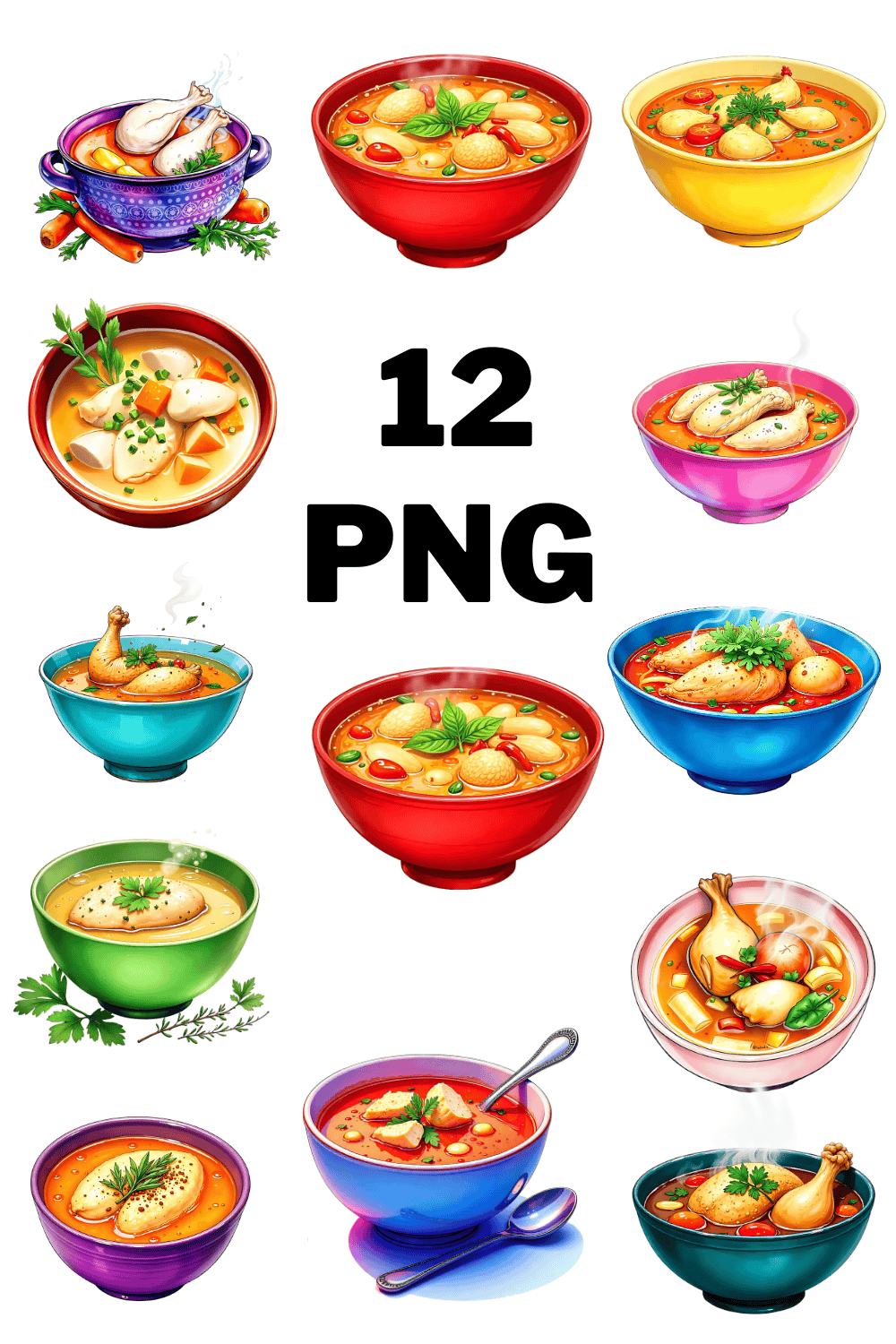 Watercolor Chicken Soup Sublimation Clipart Bundle pinterest preview image.