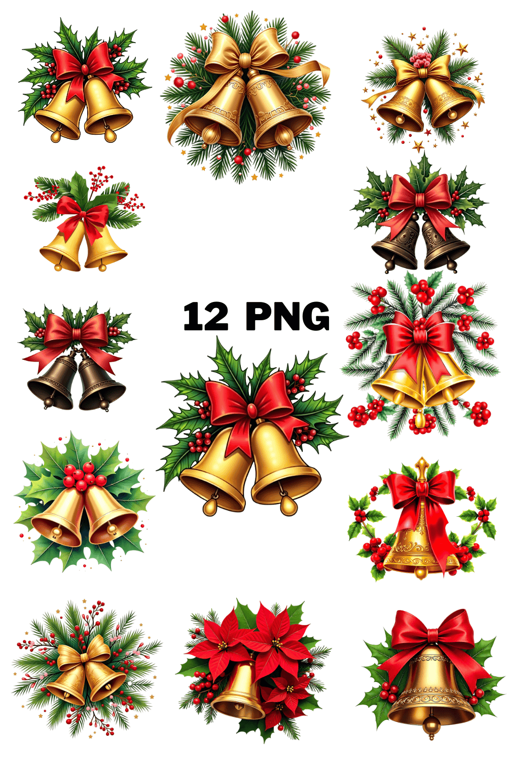 Watercolor Holiday Bell with Ribbon Sublimation Clipart Bundle pinterest preview image.