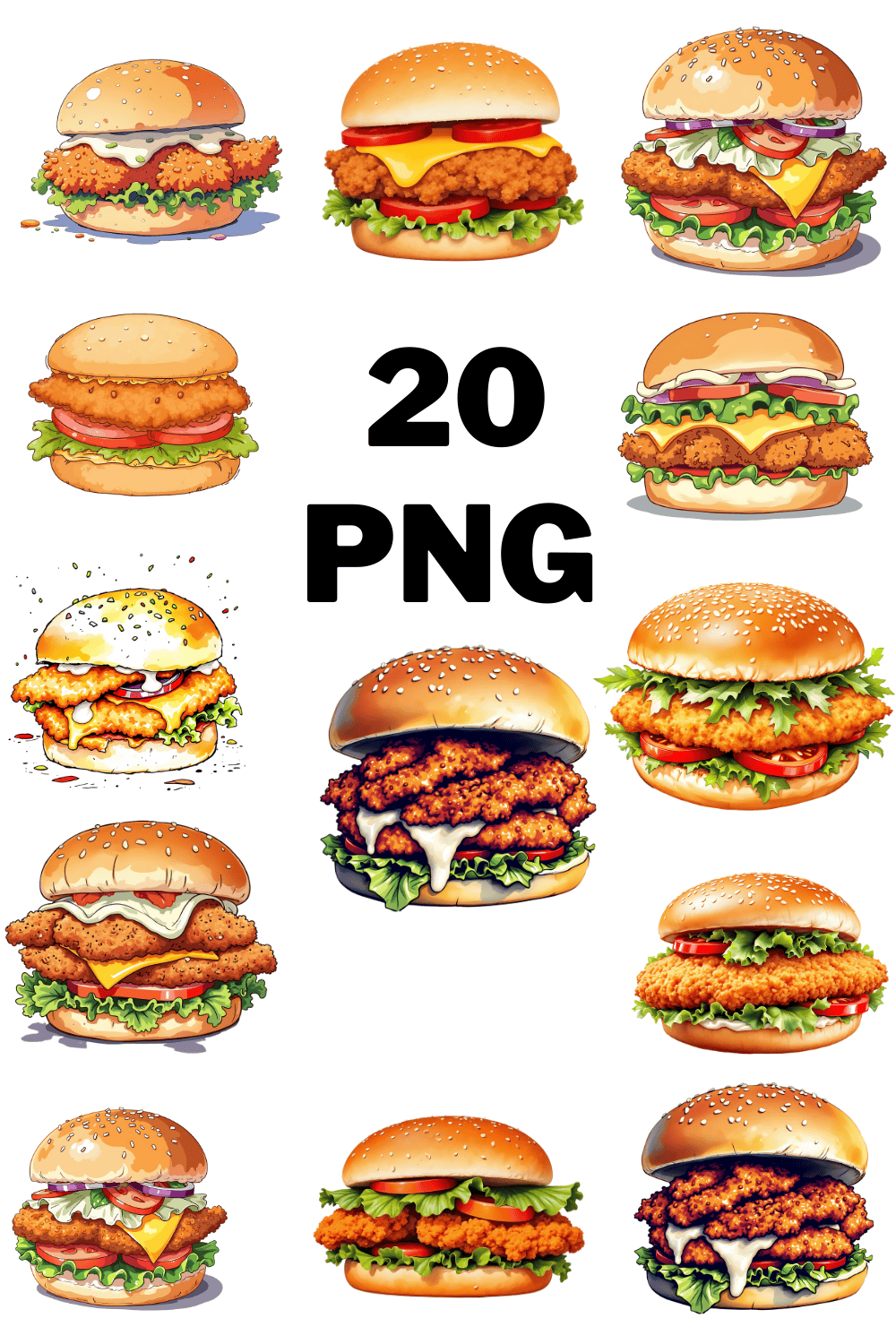 Watercolor Fried Chicken Sandwich Sublimation Clipart Bundle pinterest preview image.