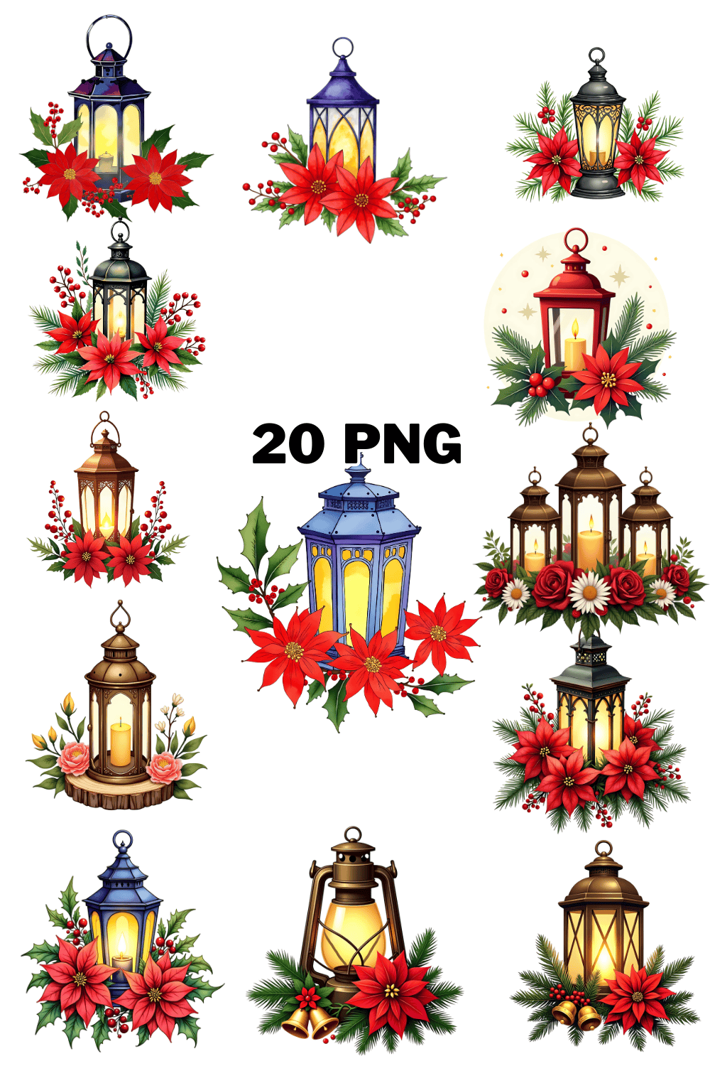 Watercolor Festive Lantern Sublimation Clipart Bundle pinterest preview image.