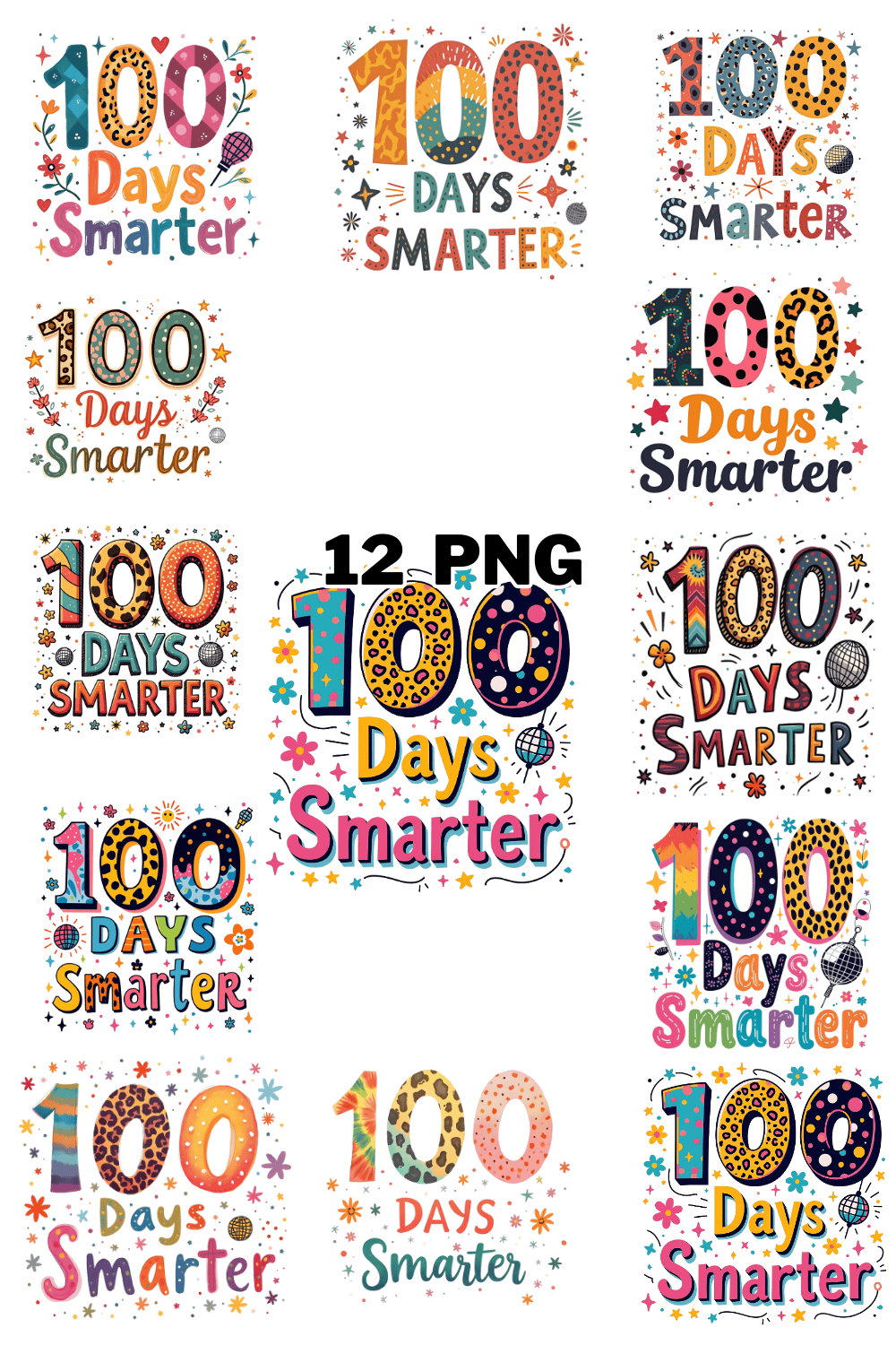 Watercolor 100 Days Smarter Sublimation Clipart Bundle pinterest preview image.