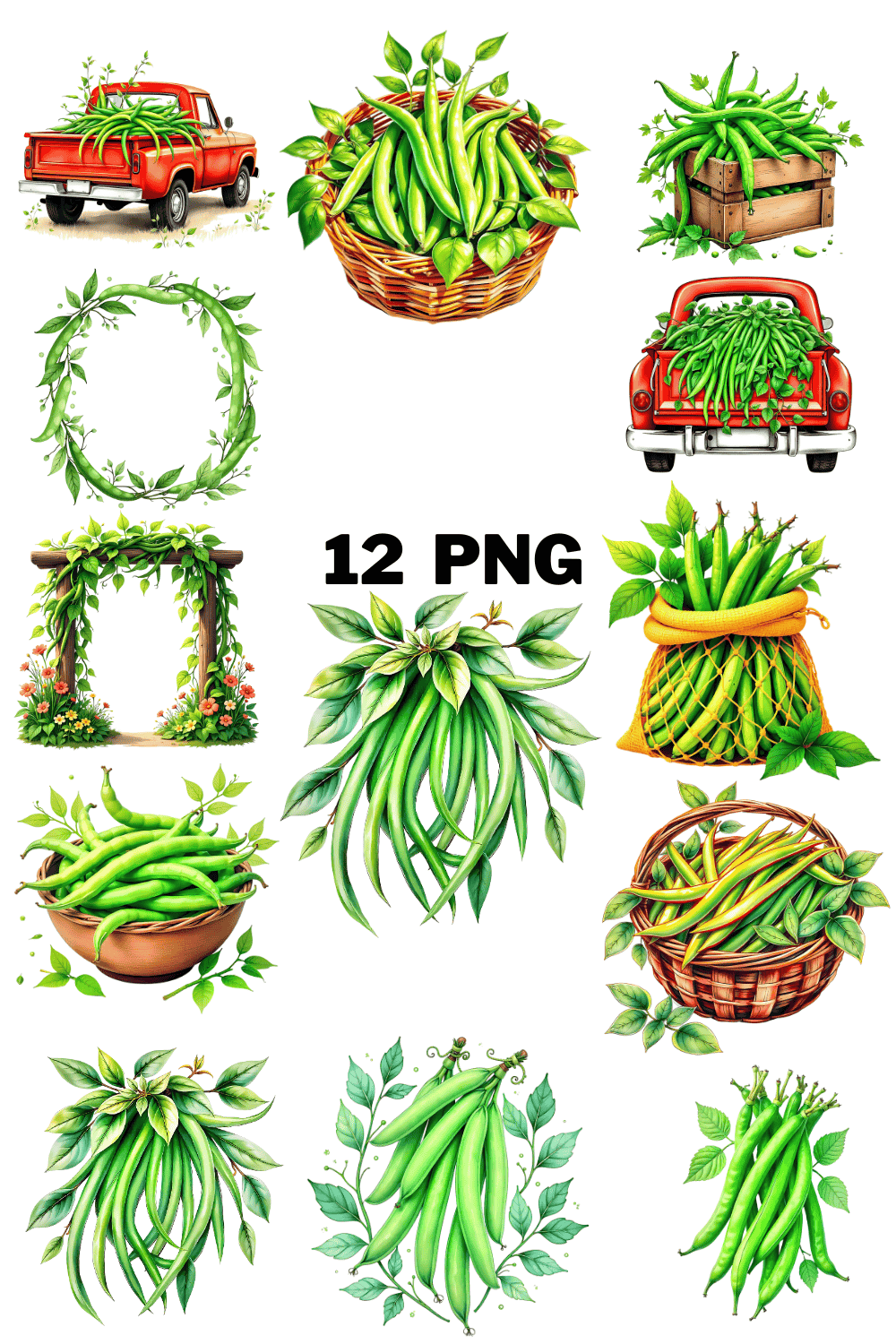 Watercolor Green Beans Sublimation Clipart Bundle pinterest preview image.