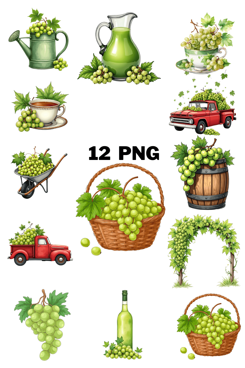 Watercolor Green Grapes Sublimation Clipart Bundle pinterest preview image.