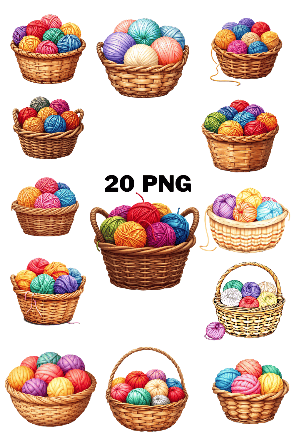 Watercolor Basket with Colorful Wool Balls Sublimation Clipart Bundle pinterest preview image.