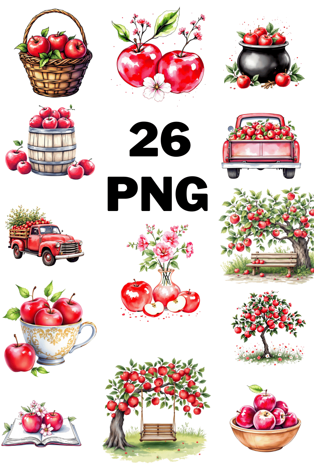 Watercolor Red Apple Sublimation Clipart Bundle pinterest preview image.