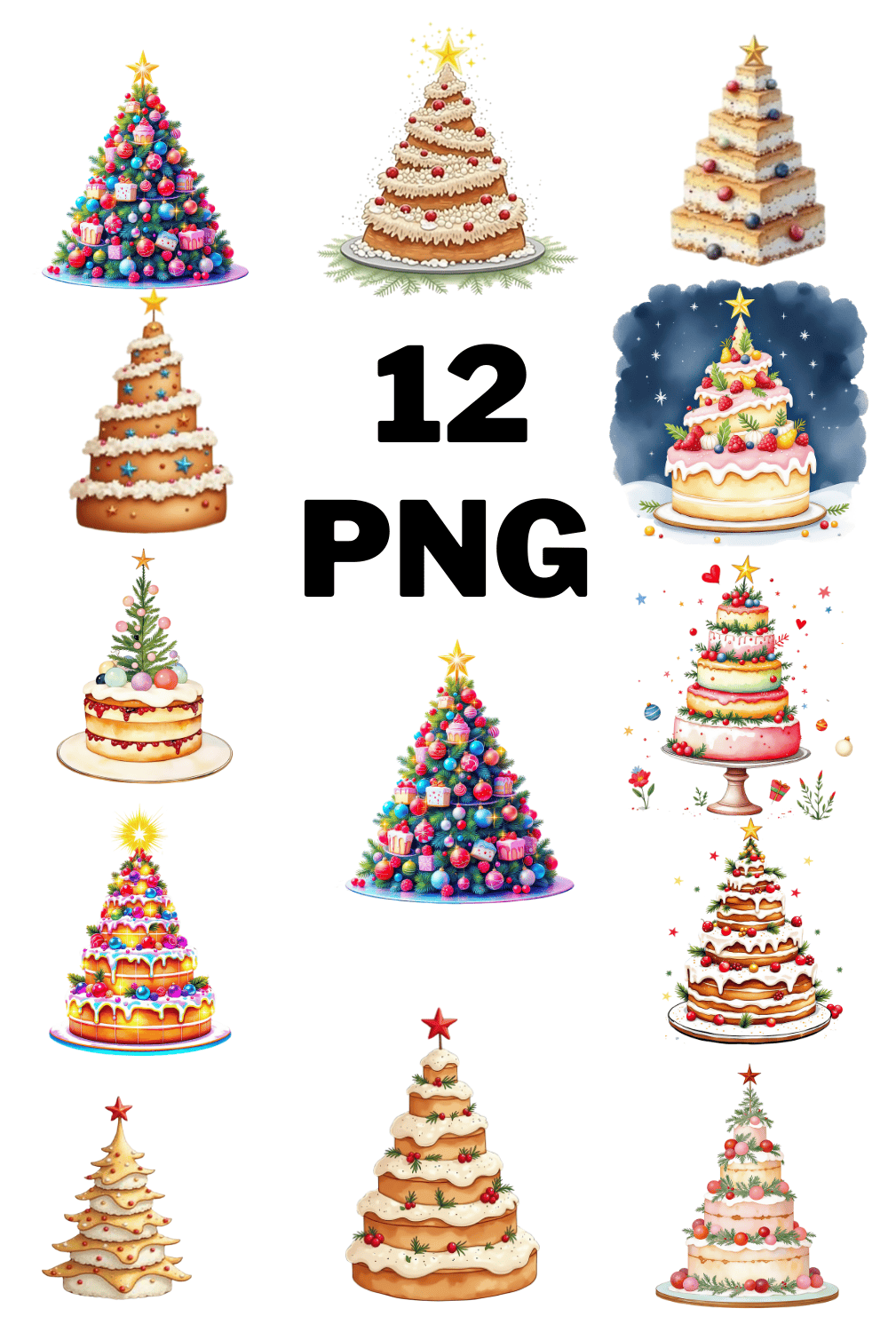 Watercolor Festive Holiday Tree Cake Sublimation Clipart Bundle pinterest preview image.