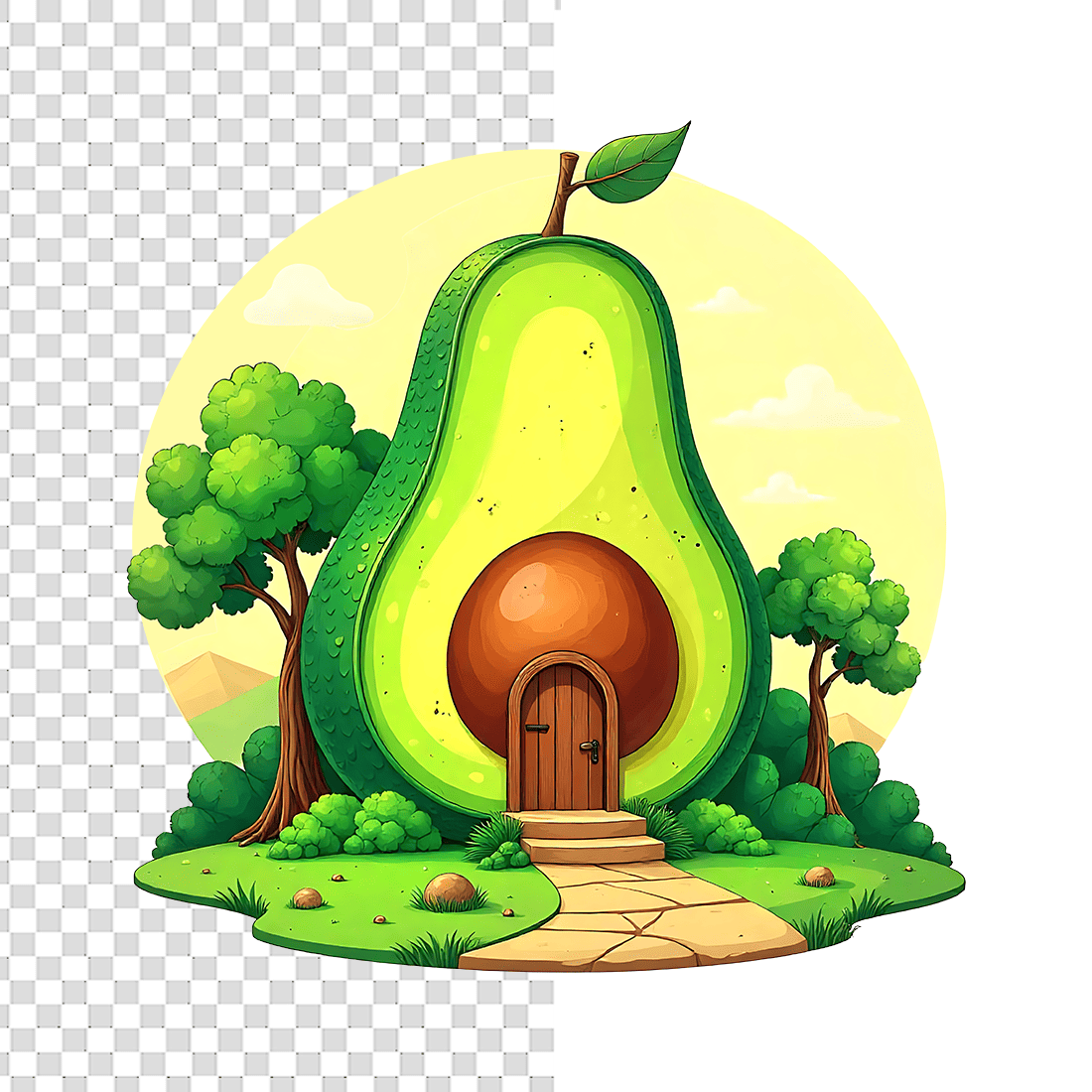 Whimsical Avocado House with Trees T-Shirt Design Bundle preview image.