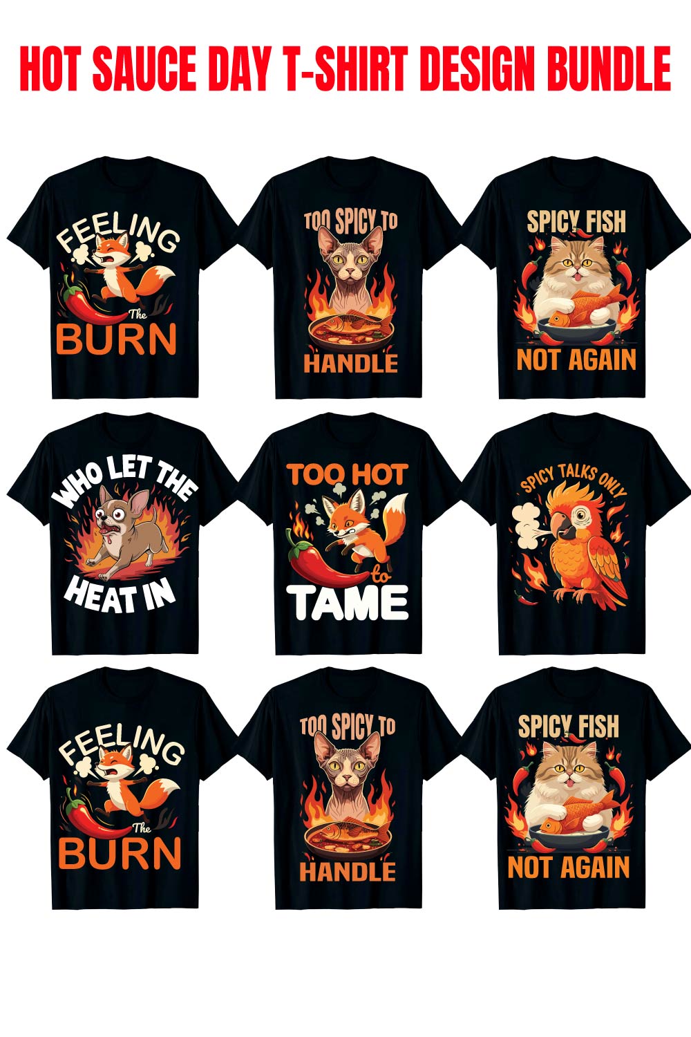 28 Print Ready Hot Sauce Day T-Shirt Design Bundle pinterest preview image.