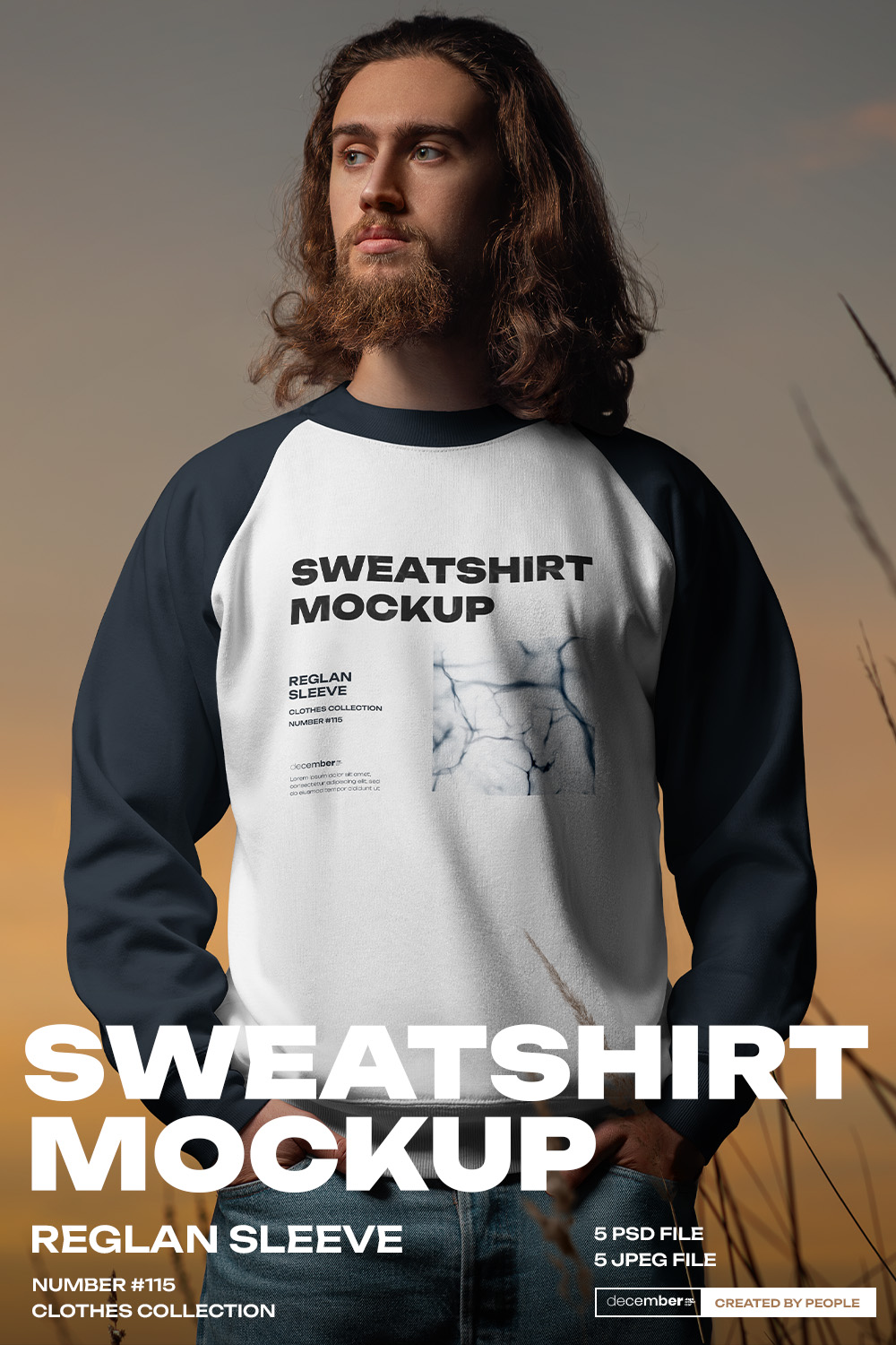 6 Mockups of Men's Raglan Sleeve Sweatshirt on the Sunset Outdoor pinterest preview image.