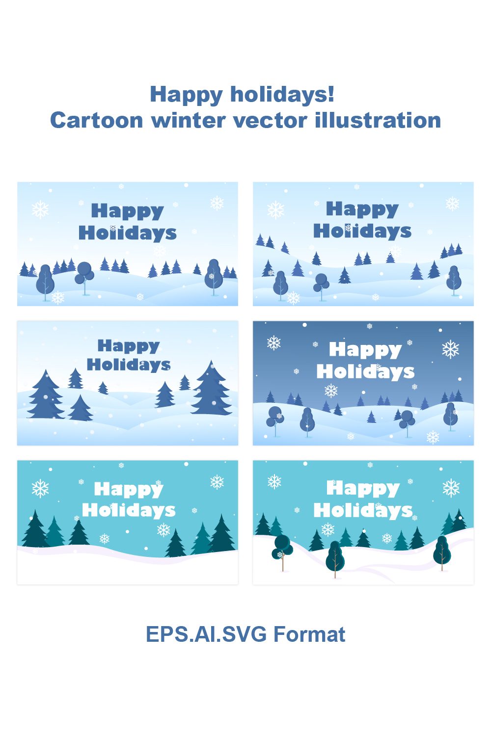 Happy holidays Set of cartoon winter vector illustrations Winter landscape with hills trees, and snowflakes pinterest preview image.